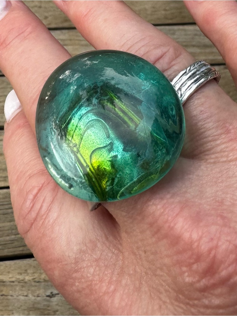 Vintage HINA Green Art Glass Statement Ring Adjustable